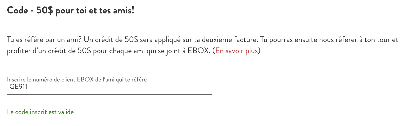 Capture du champ de référence EBOX avec le code GE911 et le message de validation indiquant que le code inscrit est valide
